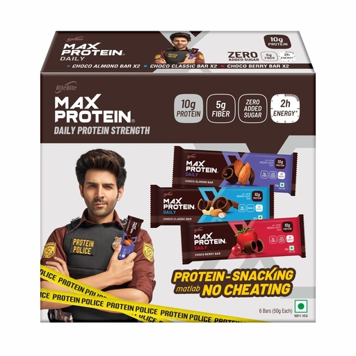 [BRSWGCYZCQFQ2HYZ] RiteBite Max Protein Daily Assorted Protein Bars with 10g Protein, 5g Fiber & 21 Vit. & Minerals | 0 Added Sugar, No Cholesterol & Trans Fat For Upto 2h of Energy, Healthy Snack, 50g (Pack of 6)