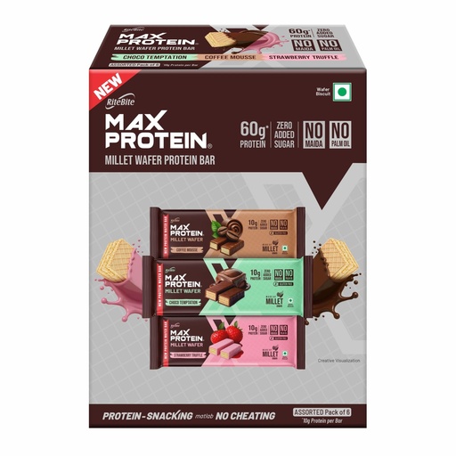 [BRSREBAOO4JWEGTD] RiteBite Max Protein Assorted 60g Protein Wafer Bars (Pack of 6), Made of Millets, No Maida, No Palm Oil, Zero Added Sugar, Super Healthy Wafer Snack for You