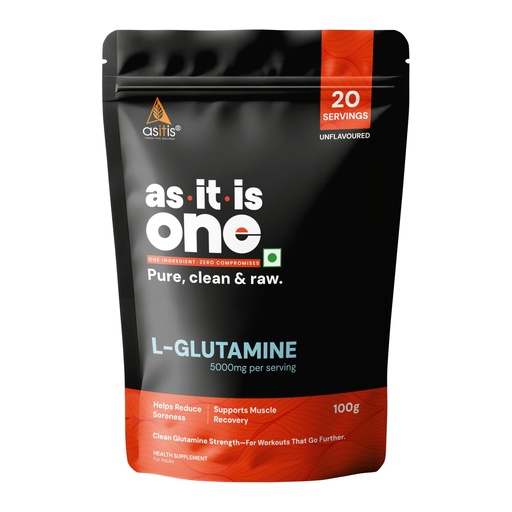 [BRSWGA33AEHAIFLB] AS-IT-IS One L-Glutamine Powder, Unflavoured & Unsweetened, 100g - Supports Post Workout Muscle Recovery, Reduced Soreness & Gut Health