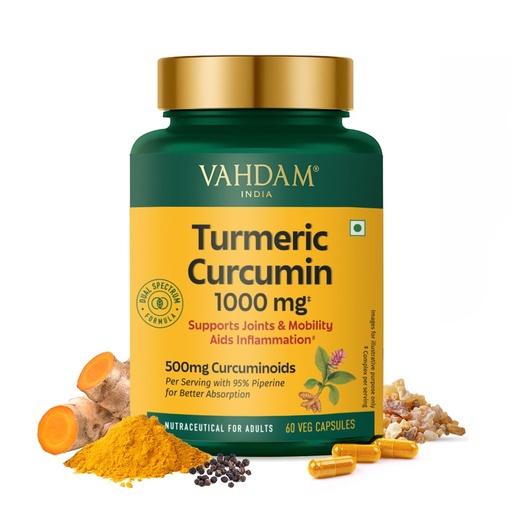 [BRSRGCT4CB7BAFL5] VAHDAM Turmeric Curcumin for Joint Support | 60 Capsules | Piperine & 95% Curcuminoids | Anti Inflammatory Supplement