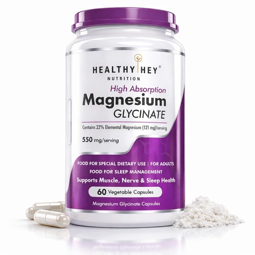 [BRSREAAOAUCGAALG] HealthyHey Nutrition Magnesium Glycinate Supplement High Absorption for Sleep, Cramps, & Nerves Health - 60 Vegetable Capsules
