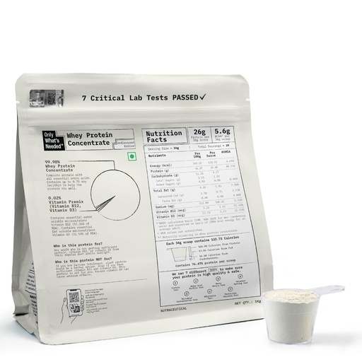 [BRSRYZI2AB5BUET6] ONLY WHAT'S NEEDED By Food Pharmer | OWN Unflavoured Edition | Whey Protein Concentrate 1kg | 26g Protein per Scoop | No Added Sugar | No Added Flavours | No Artificial Sweeteners | Lab Tested | 29 Servings