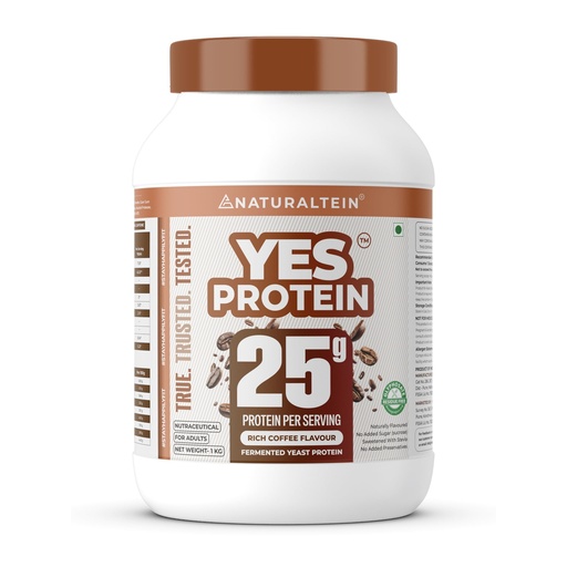 [BRSRGALQAUCGM33V] Naturaltein YES Protein 1kg | Fermented Yeast Vegan Protein Powder | Rich Coffee Flavour | 25 g Protein | No Added Sugar | Naturally Sweetened | Digestive Enzymes | Heavy Metal Tested | 28 Servings