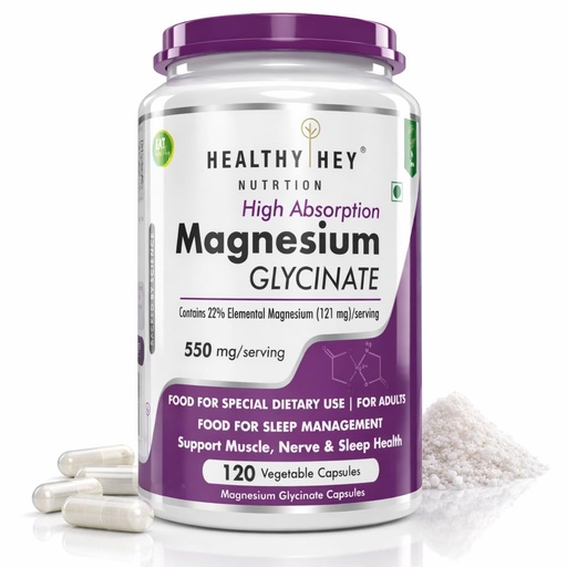 [BRSWGGT6OFYBMGTH] HealthyHey Nutrition Magnesium Glycinate Supplement High Absorption for Sleep, Cramps, & Nerves Health - 120 Vegetable Capsules