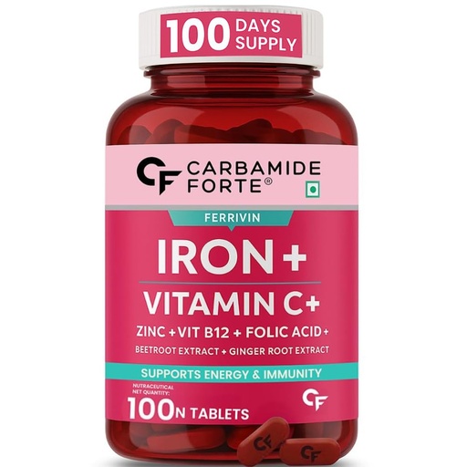 [BRSWGZ3YAEIRU3LU] Carbamide Forte Iron Supplement for Women | Folic Acid Tablets with Vitamin C, B12, Zinc | 100 Veg Iron Tablets for Women