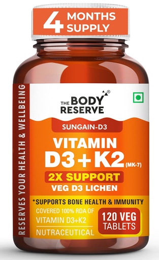 [BRSRAZAOCF5GEA3K] The Body Reserve Vitamin D3 K2 MK7-120 Veg Tablets, 100% RDA Plant-Based Vitamin D3 Supplement from Lichen Source with Vitamin K2 as MK7 Menaquinone