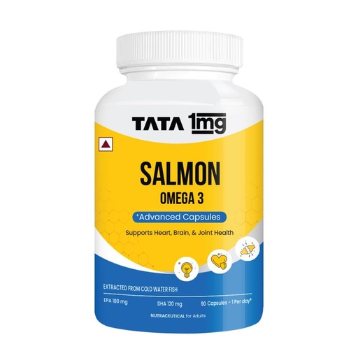 [BRSRO2Y5AQNG2CIZ] Tata 1mg Salmon Omega 3 Fish Oil Supplements 1000mg - 90 Capsules | Triglyceride form | 180mg EPA & 120mg DHA | High Absorption for Heart,Brain & Joints | Helps Manage Cholesterol