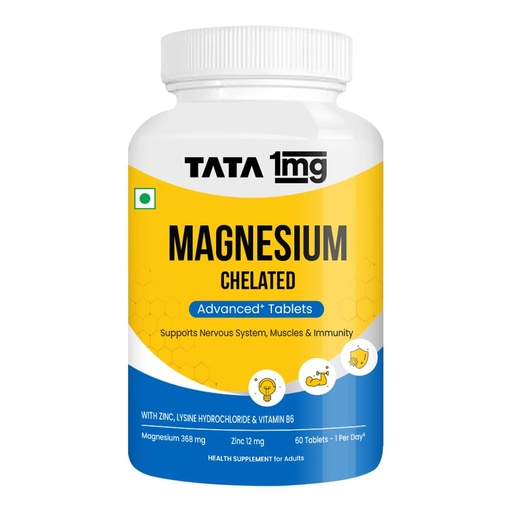[BRSRMCA2OIHQKETH] TATA 1MG Chelated Magnesium Plus Tablets with Zinc & Vitamin B6-60 Tablets | High Absorption Magnesium Supplement for Women & Men | Supports Nervous System, Muscle Recovery & Immunity
