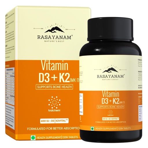 [BRSREH36CENA4YL2] Rasayanam Vitamin D3 K2(MK-7) | 100% Vegan Vitamin D3 | Superior K2(MK-7) from Balchem, USA | For Calcium Utilization, Bone Strength & Heart Health | D3 Supplement For Immunity | 120 Veg Tablets