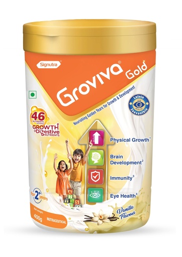 [BRSRABATAEDQ22QU] Groviva Gold Milk Protein Powder for Kids | 2-6 Years | 400g Vanilla Jar| 46 Nutrients | Growth & Digestive Nutrients | Supports Physical Growth, Brain Development, Immunity & Eye Health