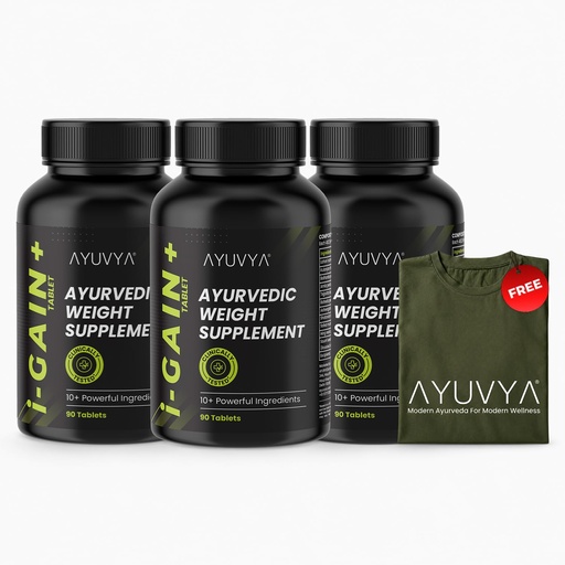 [BRSRMBQ2CMGQED3F] Ayuvya i-GAIN+ | Clinically Proven Ayurvedic Weight Gainer | Helps in Improving Appetite & Weight | Pack Of 3 | With Free T-shirt | As Seen on Shark Tank