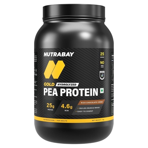 [BRSRGZT5DENQ2C3V] NUTRABAY Gold Pea Protein Powder - 1kg, Rich Chocolate Crème | 25g Protein, 4.6g BCAA, 5g Fiber | Complete Amino Profile | Tastiest & Smoothest Vegan, Plant Protein | Muscle Gain & Fast Recovery