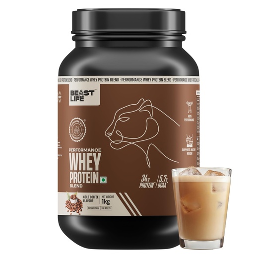 [BRSRGAILOYJWKG37] BeastLife Performance Yeast Whey Blend | 34g Protein | 5.7g BCAA | 1Kg | Cold Coffee | Muscle Growth & Recovery | Easy to Digest with Ultrasorb Tech | Smooth & Easy to Mix | Contains Whey Protein Concentrate & Yeast Protein