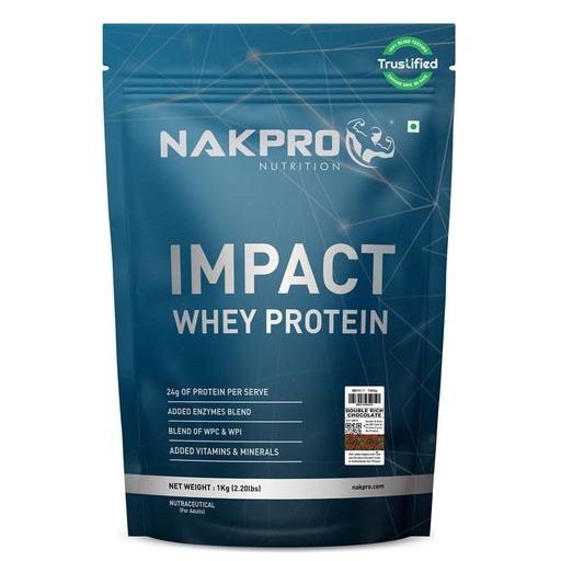 [BRSROEIRDF7RAH3D] NAKPRO NUTRITION Impact Whey Protein Isolate & Concentrate | 1 kg | 24g Protein | Double Rich Chocolate | Trustified Certified | Added Digestive Enzymes, Vitamins & Minerals