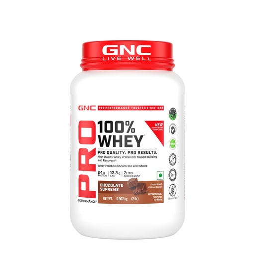 [BRSRGBACCUHRAYLK] GNC Pro Performance 100% Whey Protein | New Formulation | 24g Protein, 5.7g BCAAs, 12.3g EAAs | Added DigeZyme® | Whey Isolate & Concentrate Blend, Low Carb (4.51g), No Added Sugar | Chocolate Supreme , 907g
