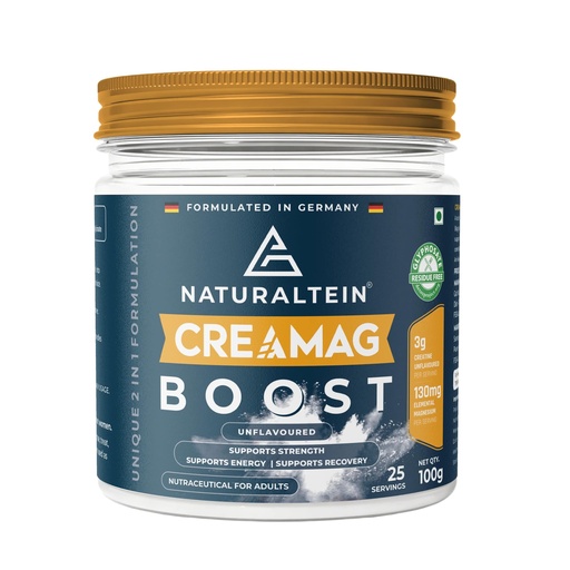 [BRSRYYD4BUHB6A3O] Naturaltein CreaMag Boost | India’s First Creatine + Magnesium Bisglycinate Formula | 3g Creatine Monohydrate & 130mg Elemental Magnesium Per Serving | Glyphosate Residue Free | Supports Strength, Energy & Recovery | Unflavoured | 100g (25 Servings)