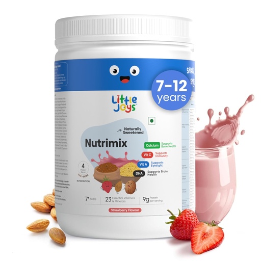 [BRSROH34C4HBGGTV] Little Joys Strawberry Nutrimix (7-12 Years) 350g | Sweetened with Jaggery & Dates | 9g Protein | Supports Immunity, Energy & Brain Health | Ragi, Bajra, Almonds | Strawberry Nutrition Drink Powder