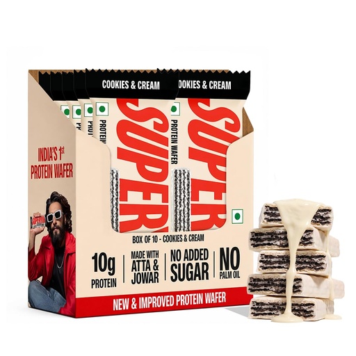 [BRSRECQBO4FB42QV] SuperYou Cookies & Cream Protein Wafer Bars (Pack of 10)|10g Protein, 3g Fiber, No Added Sugar|Yeast Fermented Protein|Energy Bars|Crunchy Wafer Bar|100% Vegetarian|No Palm Oil|400g