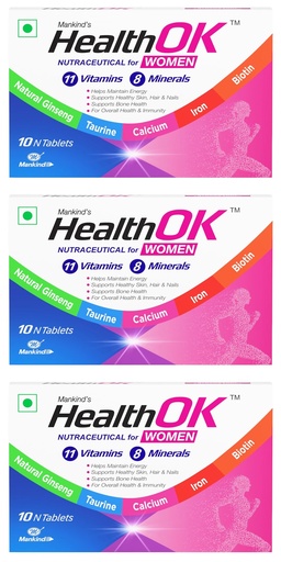 [BRSRGYA2DMARQDYZ] Mankind HealthOK Women Multivitamin 10 Tablets – Strawberry Flavour, Pure Vegetarian, 19+ Essential Vitamins & Minerals with Biotin & Ginseng | Hair Skin Nails, Energy & Bone Health Support x Pack of 3