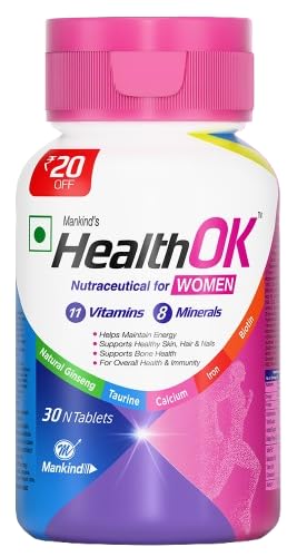 [BRSRGYA2DMMBGC3U] Mankind Health OK Women Multivitamin 30 Tablets – Strawberry Flavour, Pure Vegetarian, 19+ Essential Vitamins & Minerals with Biotin & Ginseng | Hair Skin Nails, Energy & Bone Health Support