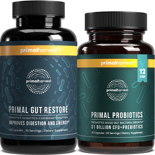 [BRSRMYYOPN7RGD33] Primal Harvest Probiotics & Gut Health Supplements for Women and Men Pre and Probiotics with 31 Billion CFU and Gut Restore Digestion Pills Bundle