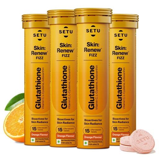 [BRSWGBTRAR7AO23U] Setu Skin Renew Glutathione Tablets for Glowing Skin | 60 Effervescent Tablets with 500mg L-Glutathione & Vitamin C | Sugar-free Antioxidant & Skin Glow Supplement for Clear Skin | Orange (Pack of 4)