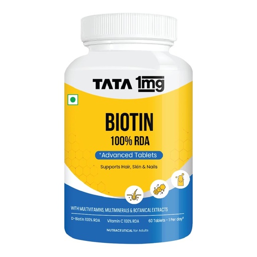 [BRSROZI3A54BQC3B] Tata 1mg Biotin + Advanced Tablet,Supports Strong Hair, Skin And Nails (Pack Of 1, 60 Tablets)