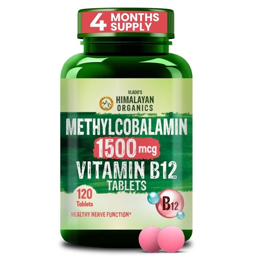 [BRSRGZYZO4MGEADU] Vlado's Himalayan Organics Vitamin B12 Tablets 1500 mcg -Active form of Methylcobalamin Vitamin B12 Supplements for Men & Women- 120 Veg Tablets (4 Months Supply Pack)