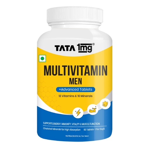 [BRSREBL5BNYAAAI2] Tata 1mg Multivitamin for Men | 13 Vitamins, 10 Minerals, Zinc & Magnesium | Energy, Immunity, Vitality & Muscle Strength | 60 Tablets | 1 Per Day