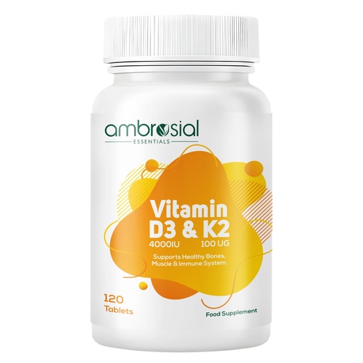 [BRSRA235PMFB6AI7] Ambrosial Vitamin D3 & K2 Tablets 4000IU Vitamin D3 + 100µg K2 MK-7 for Healthy Bones, Muscles, and to Support The Immune System -120 Tablets