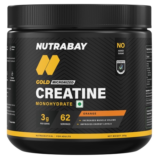 [BRSROGQ3BAHQA2T2] Nutrabay Gold Micronised Creatine Monohydrate Powder 3000 mg Creatine per Serving, NABL Lab Tested – Increases Muscle Mass, Strength & Power – Pre/Post Workout Supplement – 250 g, Orange