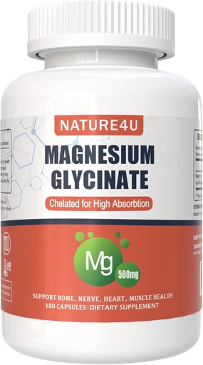 [BRSRA2YECQCQYC3V] Magnesium Glycinate 500mg, 100% Chelate for High Absorption Magnesium Supplement for Sleep, Muscle, Heart, Never and Bone Support, 180 Capsules