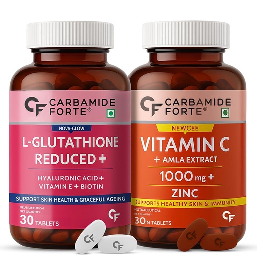 [BRSW2ZIOBZ6AOHY4] Carbamide Forte Japanese Reduced L-Glutathione 500mg with Hyaluronic Acid Tablet & Vitamin C with Amla Extract | Glutathione Tablets & Vitamin C Supplement | 30 Veg Tablets Each