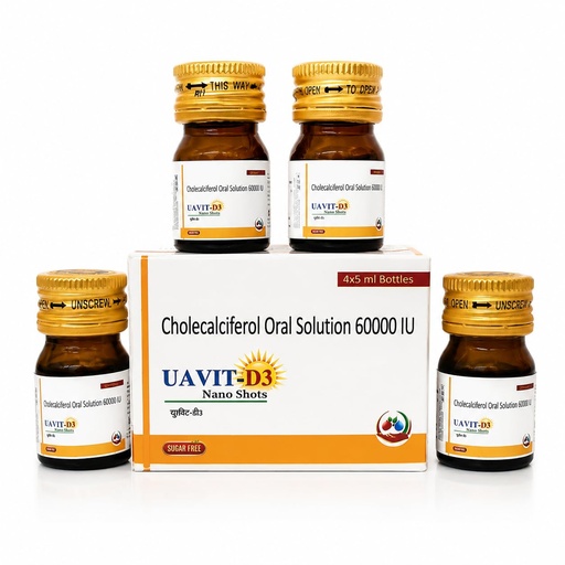 [BRSRYED4OUIRAHLO] UAVIT-D3 Nano Shots Cholecalciferol Oral Solution 60000 IU – High Strength Vitamin D3 Supplement for Bone Health, Immunity & Calcium Absorption | Sugar-Free 4x5ml Bottles Pack