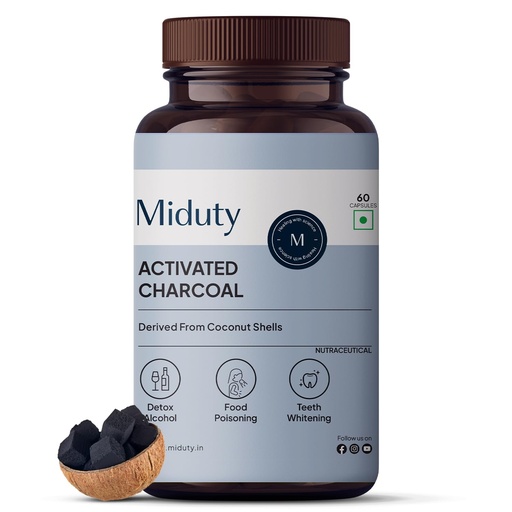 [BRSRMY34PIPAM3TU] Miduty Activated charcoal 600 mg | Edible Coconut Shell Charcoal For Detox Body, Jet lags, Detox Alcohol | Pack - 60 capsules