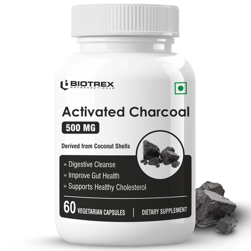 [BRSWYYA7AAARGEL4] Biotrex Nutraceuticals Activated Charcoal 500mg | Sourced From Coconut Shells | Gas & Bloating Relief | Supports Digestive Health & Gut Detox | 100% Natural | 60 Veg Capsules