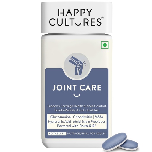 [BRSRYYAQABYREFI3] Happy Cultures Glucosamine Tablet for Joint Care | Supports Cartilage Health, Knee Comfort & Bone Health | Boosts Mobility & Gut -Joint Axis | with MSM, Chondroitin, FruiteX-B, Hyaluronic Acid & Probiotics with Vitamin D3 & K2- 60 Tablets