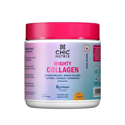 [BRSRYYI7OV4B63A6] Chicnutrix Marine Collagen Supplements Powder for Women & Men | 8000mg Japanese Wellnex Marine Collagen Peptides, AstaReal Astaxanthin | Zero Sugar, Fast Absorption & No Fishy Aftertaste | Mango Flavour, 25 Servings