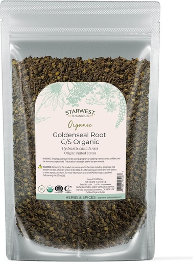 [BRSWIGAMBYHGEFTU] Starwest Botanicals Organic Goldenseal Root - Dried Loose Leaf Herb for Tea, Herbal Blends, & Cooking, Pure & Natural Hydrastis Canadensis, Cut & Sifted, Certified Kosher, Non-GMO - 4 oz Pouch
