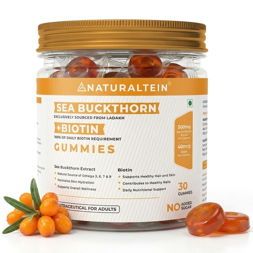 [BRSRGBQ7OYARGYLZ] Naturaltein Sea Buckthorn Gummies with Biotin | 30 Gummies | Rich in Vitamin C, A, E & B-Complex | Naturally Occurring Antioxidants, Minerals & Amino Acids | Omega 3, 6, 7 & 9 | 500mg Extract + 40mcg Biotin | Supports Hair, Skin & Nails | No Added Sugar