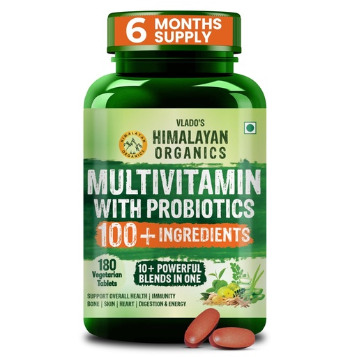[BRSWYGI6BAMQKDI6] Vlado's Himalayan Organics Multivitamin for Men & Women with Probiotics | 100+ Ingredients including Vitamins B1–B12, Vitamin C, D & E | Zinc, Iron, Calcium, Biotin | 100 Nutrients, 27+ Herbal Extracts, 10+ Blends | Immunity, Energy, Stamina, Bone, Skin & Hair Support | Daily Multivitamin Tablets | 180 Count