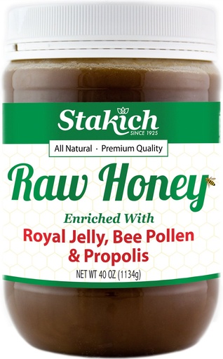 [BRSWIYYFCIJRWA36] Stakich Royal Jelly, Bee Pollen & Propolis Raw Honey - Pure, Unprocessed, Unheated - 40 oz