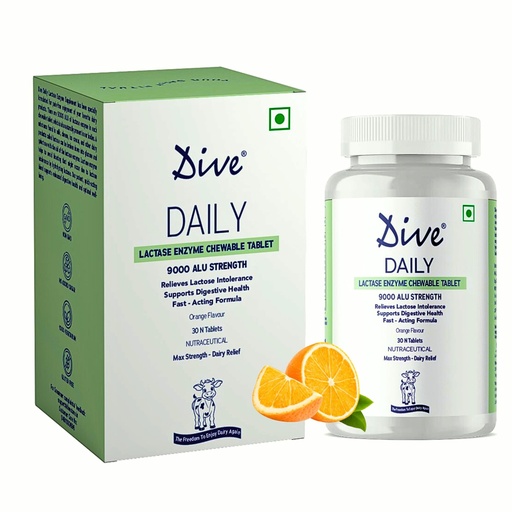 [BRSRAGIHOYMQY3A3] DIVE Daily Lactase Enzyme | Chewable Tablet | Dairy Relief Supplement | 9000 ALU Strength | Prevents Gas, Bloating, Diarrhea | 100% Vegetarian | Sugar-Free | Orange Flavour, 30 Count