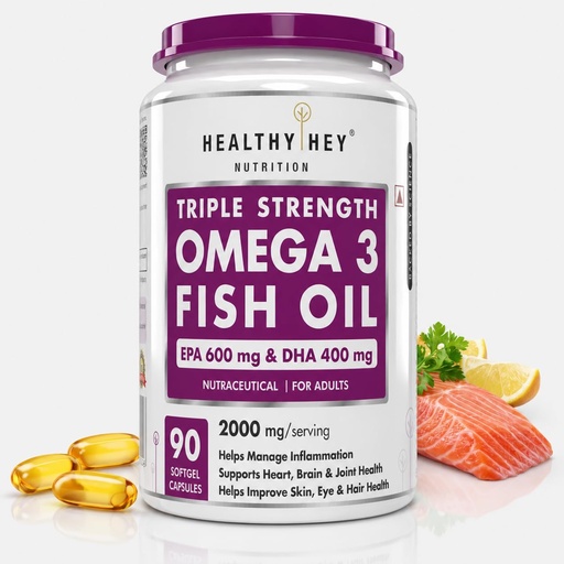 [BRSRYZY3OEAQMHQ7] HealthyHey Nutrition Triple Strength Fish Oil - Omega 3 (2000 Mg) Burpless - 90 Softgels (600 EPA & 400 DHA)