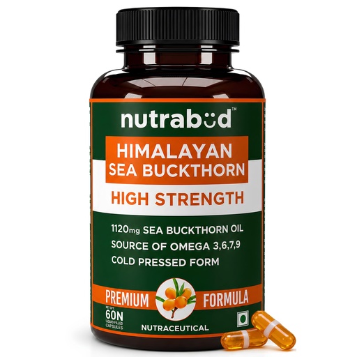 [BRSRYZL4DEHREYLU] Nutrabud Himalayan Sea Buckthorn Berry Oil -1120mg per serving - Cold-Pressed Vegetarian Omega 3,6,7,9 Oil for Skin Glow, Immunity & Gut Health Supplement (60 Count (Pack of 1), Unflavoured)