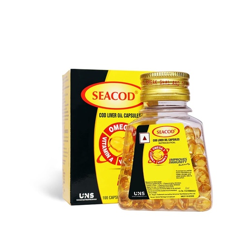 [BRSWGFIBAANGOFIU] Seacod Cod Fish Liver Oil 100 softgel Capsules With Natural Omega 3, Natural EPA & DHA |Vitamin D & A | For Immune Health, Healthy Heart, Brain, Eyes, Joints & Muscles- Pack of 100 Capsules