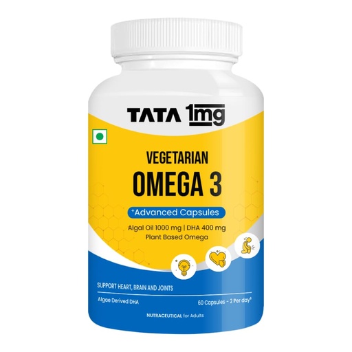 [BRSREEAEAAOWK3TH] Tata 1mg Vegetarian Omega |1000 mg Algal Oil with 400mg DHA | Plant-Based Omega-3 | Supports Heart, Brain & Joint Health | 60 Veg Capsules