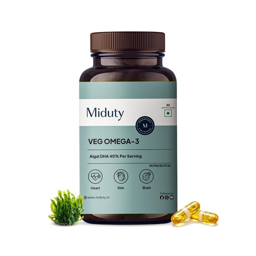 [BRSRGHQQO4FREHTX] Miduty Veg Omega-3 500mg | 40% Algal DHA + EPA | High-Potency Plant-Based Omega-3 | No Fish Oil, No Fishy Burps | Veg Capsules for Men & Women - 30 Capsules