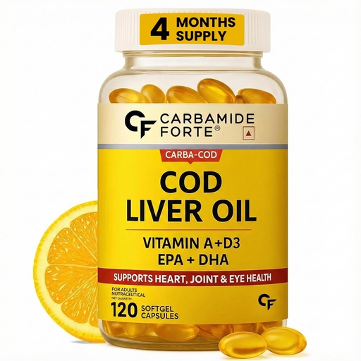 [BRSREHT3OUMAADQU] Carbamide Forte Cod Liver Oil Capsules Omega 3 Supplement | Sea cod Liver Oil, Omega 3 FishOil Capsules 300mg | Omega3 FishOil with EPA & DHA + Vitamin D3 Supplement | No Fishy Burps With Lemon Flavour - 120 Softgels