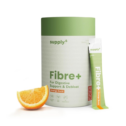 [BRSRGCA6C56QG3IU] Supply6 Fibre+ Digestive Support & Debloat Health Powder | Prebiotic & Soluble Fiber Supplement, Gut Health & Bloating Relief | No Added Sugar, Non-GMO Sachets (Orange Burst, 15 Servings)
